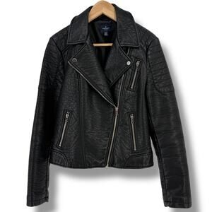 American Eagle Outfitters Faux Vegan Leather Moto Jacket Womens Sz L Black
